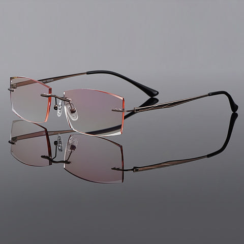 MASSENET Trendy Titanium Alloy Men's Diamond Trimming Cut Rimless Anti-Blue Ray Reading Glasses With Gradient Brown Tint Z2852