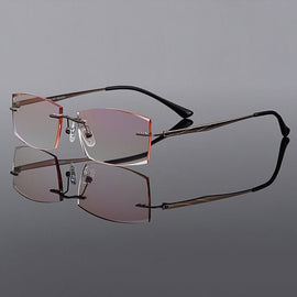 MASSENET Trendy Titanium Alloy Men's Diamond Trimming Cut Rimless Anti-Blue Ray Reading Glasses With Gradient Brown Tint Z2852