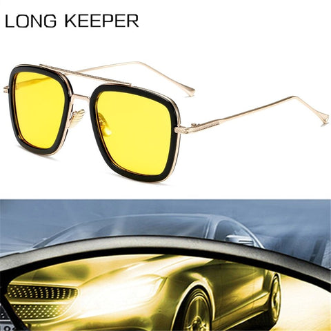 Men's Square Night Vision Sunglassses Men Yellow Lens Tony Stark Iron Man Driving Glasses Male Retro UV400 Eyeglasses