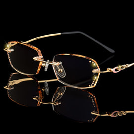 Retail Rhinestone Reading Glasses Women Diamond Cutting Rimless Glasses High Clear Women's Pink Readers Presbyopic Eye Glasses