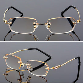 Retail Rhinestone Reading Glasses Women Diamond Cutting Rimless Glasses High Clear Women's Pink Readers Presbyopic Eye Glasses