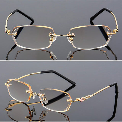 Retail Rhinestone Reading Glasses Women Diamond Cutting Rimless Glasses High Clear Women's Pink Readers Presbyopic Eye Glasses