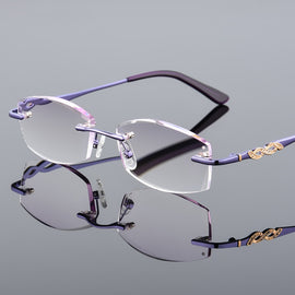 Luxurious Reading Glasses Women Rhinestone Eyeglass Rimless Female High Clear Hyperopia Women's Purple Presbyopic Eye Glasses