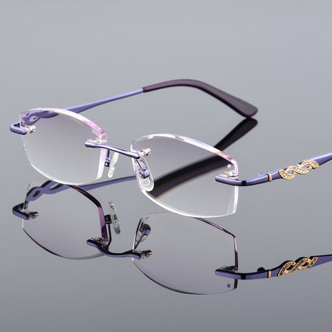 Luxurious Reading Glasses Women Rhinestone Eyeglass Rimless Female High Clear Hyperopia Women's Purple Presbyopic Eye Glasses