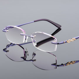 Luxurious Reading Glasses Women Rhinestone Eyeglass Rimless Female High Clear Hyperopia Women's Purple Presbyopic Eye Glasses