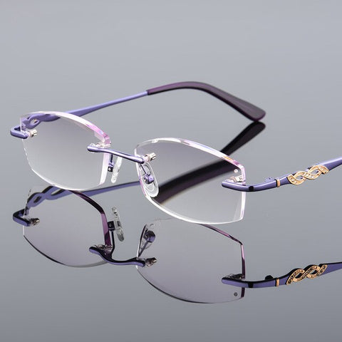 Luxurious Reading Glasses Women Rhinestone Eyeglass Rimless Female High Clear Hyperopia Women's Purple Presbyopic Eye Glasses