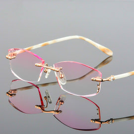 Luxury Reading Glasses Women High Clear Lenses Female Hyperopia Eyeglasses Rimless Rhinestone Women's Pink Presbyopic Glasses
