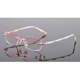 Luxury Reading Glasses Women High Clear Lenses Female Hyperopia Eyeglasses Rimless Rhinestone Women's Pink Presbyopic Glasses