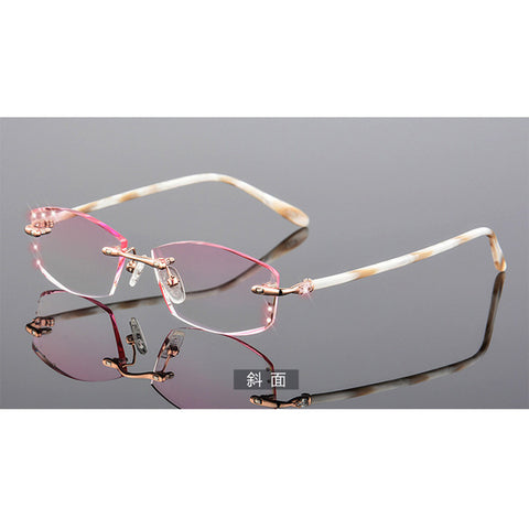 Luxury Reading Glasses Women High Clear Lenses Female Hyperopia Eyeglasses Rimless Rhinestone Women's Pink Presbyopic Glasses