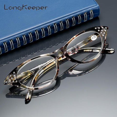 LongKeeper Rhinestone Cat Eye Reading Glasses for Farsighted Floral Women's Spectacles with Diopters Fashion Degree Eyeglasses