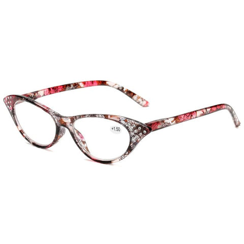 LongKeeper Rhinestone Cat Eye Reading Glasses for Farsighted Floral Women's Spectacles with Diopters Fashion Degree Eyeglasses