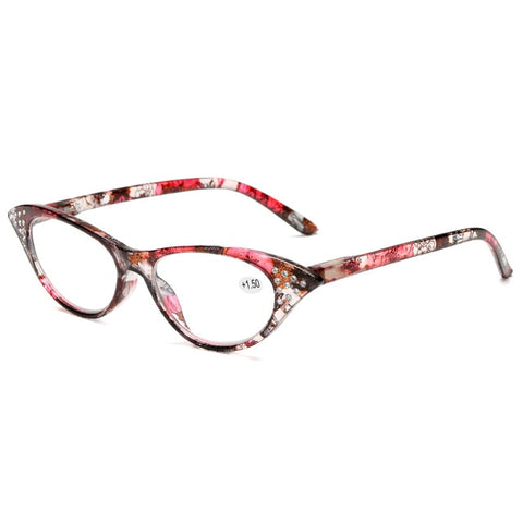 LongKeeper Rhinestone Cat Eye Reading Glasses for Farsighted Floral Women's Spectacles with Diopters Fashion Degree Eyeglasses