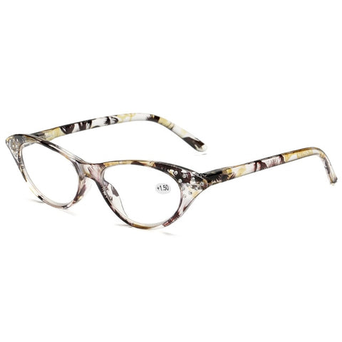 LongKeeper Rhinestone Cat Eye Reading Glasses for Farsighted Floral Women's Spectacles with Diopters Fashion Degree Eyeglasses