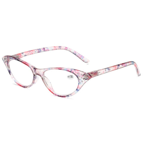LongKeeper Rhinestone Cat Eye Reading Glasses for Farsighted Floral Women's Spectacles with Diopters Fashion Degree Eyeglasses